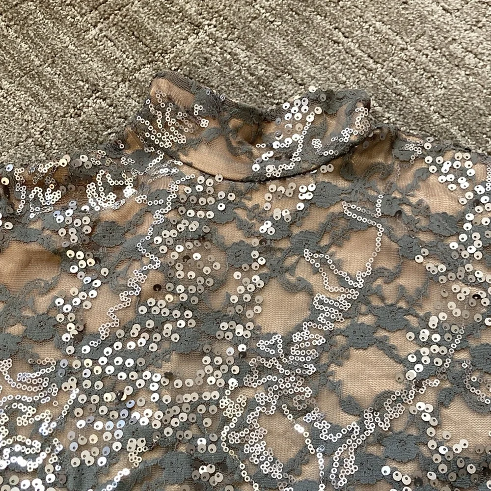 Kelle Laced High Neck Sequined Leotard with See Through Sleeves